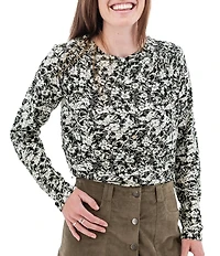 Aventura Amaryllis Floral Print Crew Neck Long Sleeve Smocked Knit Button Front Top