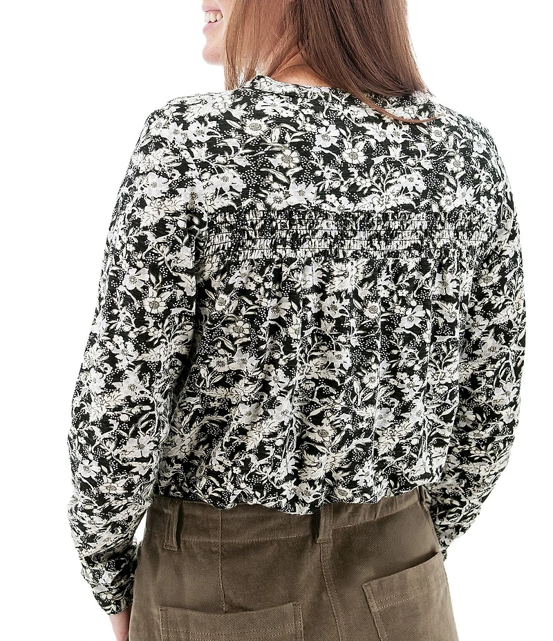 Aventura Amaryllis Floral Print Crew Neck Long Sleeve Smocked Knit Button Front Top