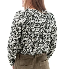 Aventura Amaryllis Floral Print Crew Neck Long Sleeve Smocked Knit Button Front Top