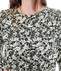 Aventura Amaryllis Floral Print Crew Neck Long Sleeve Smocked Knit Button Front Top