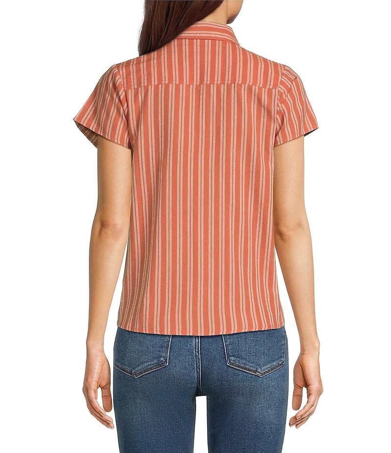 Aventura Aubrey Organic Cotton Stripe Print Woven Spread Collar Cap Sleeves Button Front Top