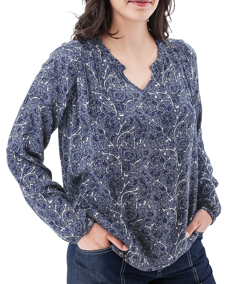 Aventura Autumn Print Woven Ruffle Notch Collar Flowy Peasant Top