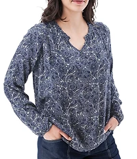 Aventura Autumn Print Woven Ruffle Notch Collar Flowy Peasant Top