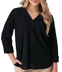 Aventura Beachcomber Organic Cotton Crepe Split V-Neck Long Sleeve Top