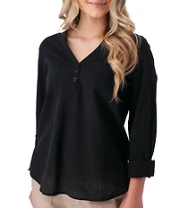 Aventura Beachcomber Organic Cotton Crepe Split V-Neck Long Sleeve Top