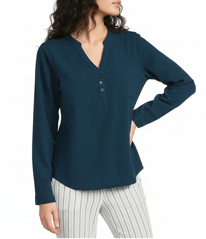 Aventura Beachcomber Organic Cotton Crepe Split V-Neck Long Sleeve Top
