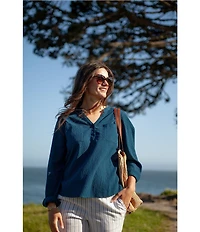 Aventura Beachcomber Organic Cotton Crepe Split V-Neck Long Sleeve Top