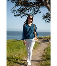 Aventura Beachcomber Organic Cotton Crepe Split V-Neck Long Sleeve Top