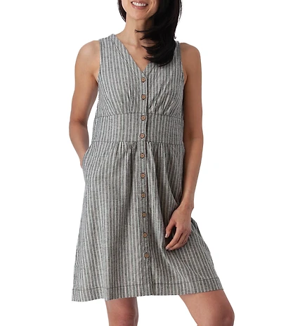 Aventura Breezey Woven Stripe V-Neck Sleeveless Button Front Fit & Flare Dress