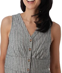 Aventura Breezey Woven Stripe V-Neck Sleeveless Button Front Fit & Flare Dress