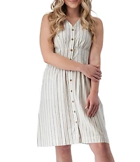 Aventura Breezey Woven Stripe V-Neck Sleeveless Button Front Fit & Flare Dress