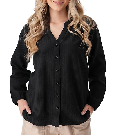 Aventura Caspian Organic Cotton Seersucker Y-Neck Long Sleeves Button Front Blouse Top