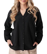 Aventura Caspian Organic Cotton Seersucker Y-Neck Long Sleeves Button Front Blouse Top