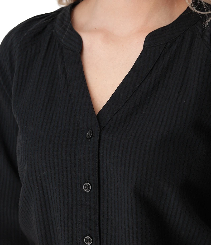 Aventura Caspian Organic Cotton Seersucker Y-Neck Long Sleeves Button Front Blouse Top