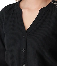 Aventura Caspian Organic Cotton Seersucker Y-Neck Long Sleeves Button Front Blouse Top