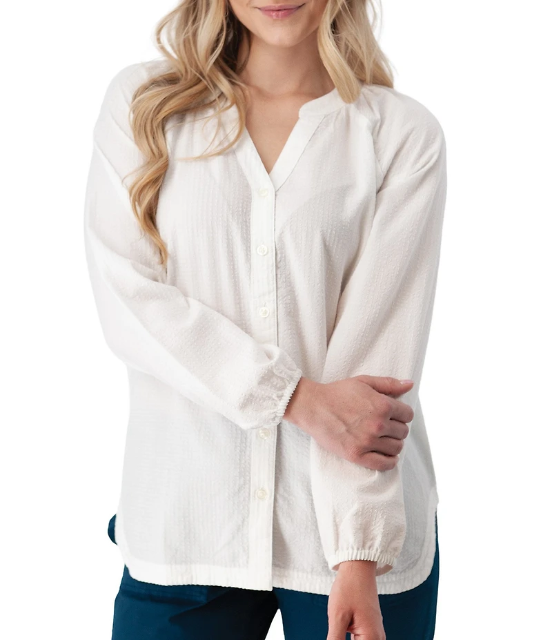 Aventura Caspian Organic Cotton Seersucker Y-Neck Long Sleeves Button Front Blouse Top