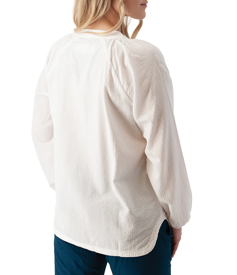 Aventura Caspian Organic Cotton Seersucker Y-Neck Long Sleeves Button Front Blouse Top