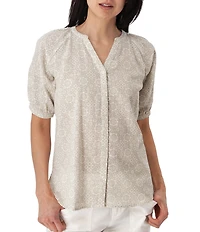 Aventura Cassia Printed Slub Weave Woven Y-Neck Button Front Blouse