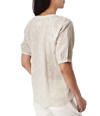 Aventura Cassia Printed Slub Weave Woven Y-Neck Button Front Blouse