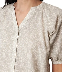 Aventura Cassia Printed Slub Weave Woven Y-Neck Button Front Blouse