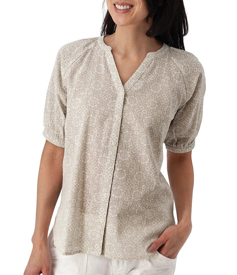 Aventura Cassia Printed Slub Weave Woven Y-Neck Button Front Blouse