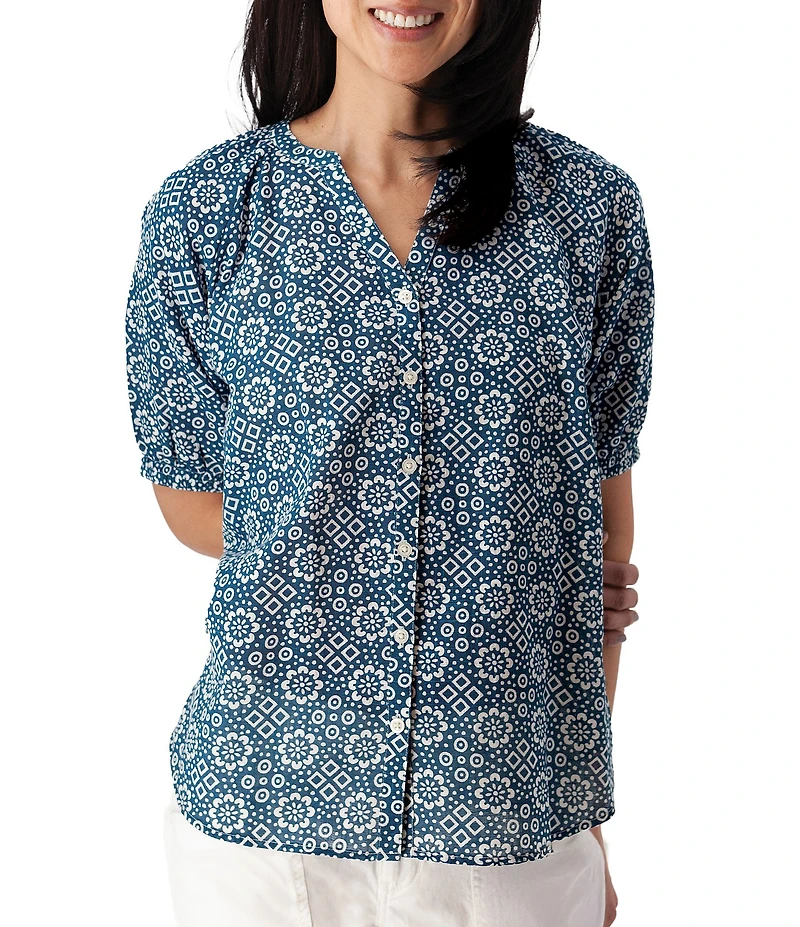 Aventura Cassia Printed Slub Weave Woven Y-Neck Button Front Blouse