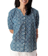 Aventura Cassia Printed Slub Weave Woven Y-Neck Button Front Blouse