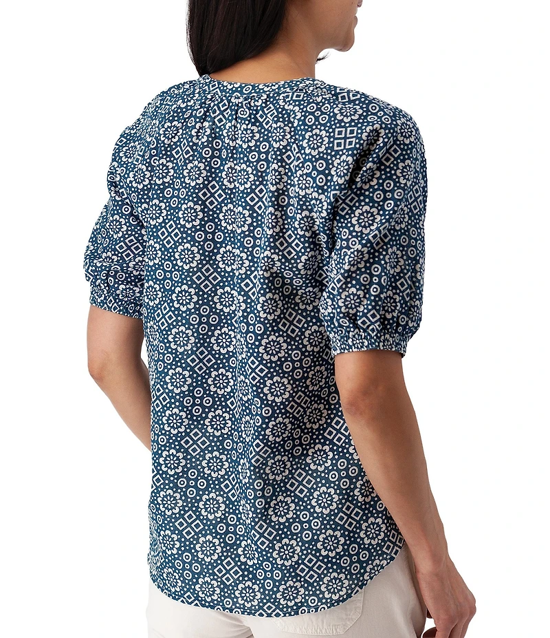 Aventura Cassia Printed Slub Weave Woven Y-Neck Button Front Blouse