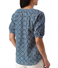 Aventura Cassia Printed Slub Weave Woven Y-Neck Button Front Blouse