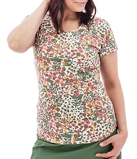 Aventura Charlie Organic Cotton Blend Floral Single Knit Jersey Scoop Neck Cap Sleeves Ruching Top