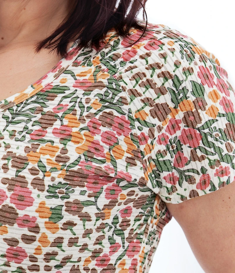 Aventura Charlie Organic Cotton Blend Floral Single Knit Jersey Scoop Neck Cap Sleeves Ruching Top