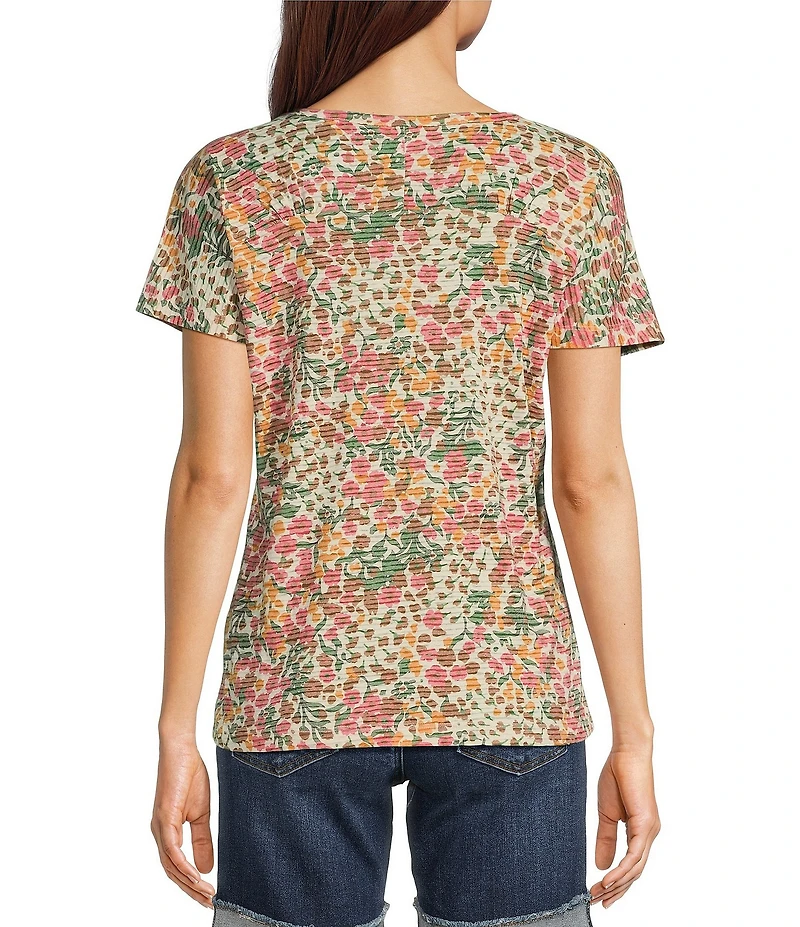 Aventura Charlie Organic Cotton Blend Floral Single Knit Jersey Scoop Neck Cap Sleeves Ruching Top