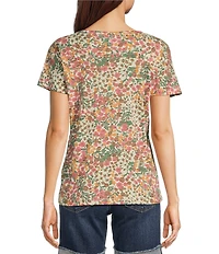 Aventura Charlie Organic Cotton Blend Floral Single Knit Jersey Scoop Neck Cap Sleeves Ruching Top