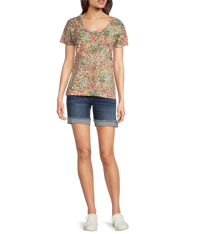 Aventura Charlie Organic Cotton Blend Floral Single Knit Jersey Scoop Neck Cap Sleeves Ruching Top