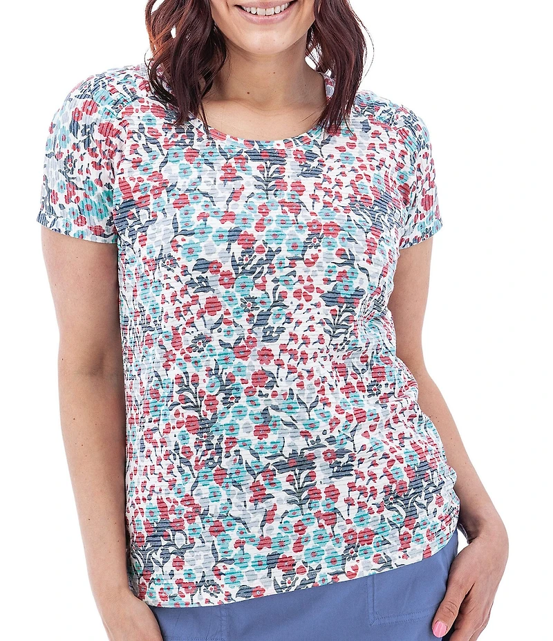 Aventura Charlie Organic Cotton Blend Floral Single Knit Jersey Scoop Neck Cap Sleeves Ruching Top