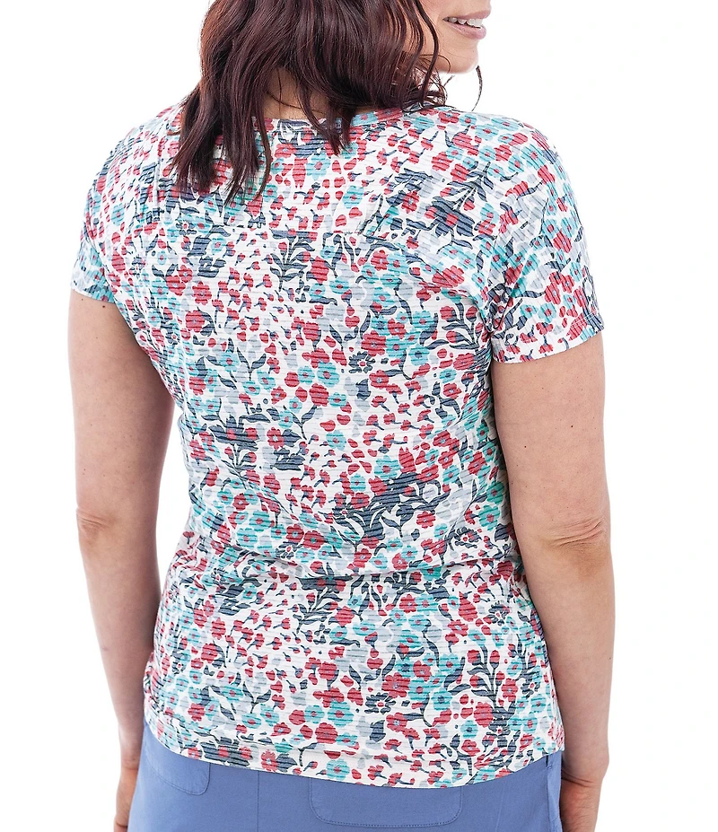 Aventura Charlie Organic Cotton Blend Floral Single Knit Jersey Scoop Neck Cap Sleeves Ruching Top