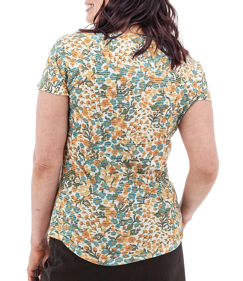 Aventura Charlie Organic Cotton Blend Floral Single Knit Jersey Scoop Neck Cap Sleeves Ruching Top