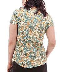 Aventura Charlie Organic Cotton Blend Floral Single Knit Jersey Scoop Neck Cap Sleeves Ruching Top