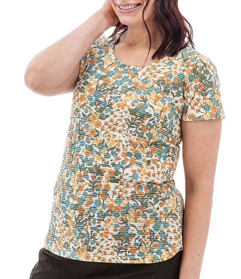 Aventura Charlie Organic Cotton Blend Floral Single Knit Jersey Scoop Neck Cap Sleeves Ruching Top