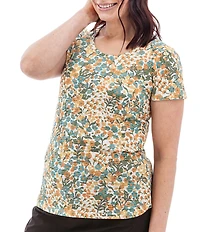 Aventura Charlie Organic Cotton Blend Floral Single Knit Jersey Scoop Neck Cap Sleeves Ruching Top