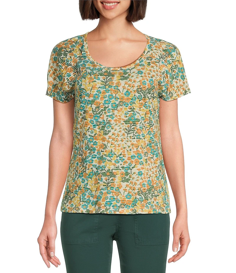 Aventura Charlie Organic Cotton Blend Floral Single Knit Jersey Scoop Neck Cap Sleeves Ruching Top