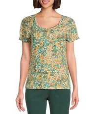 Aventura Charlie Organic Cotton Blend Floral Single Knit Jersey Scoop Neck Cap Sleeves Ruching Top