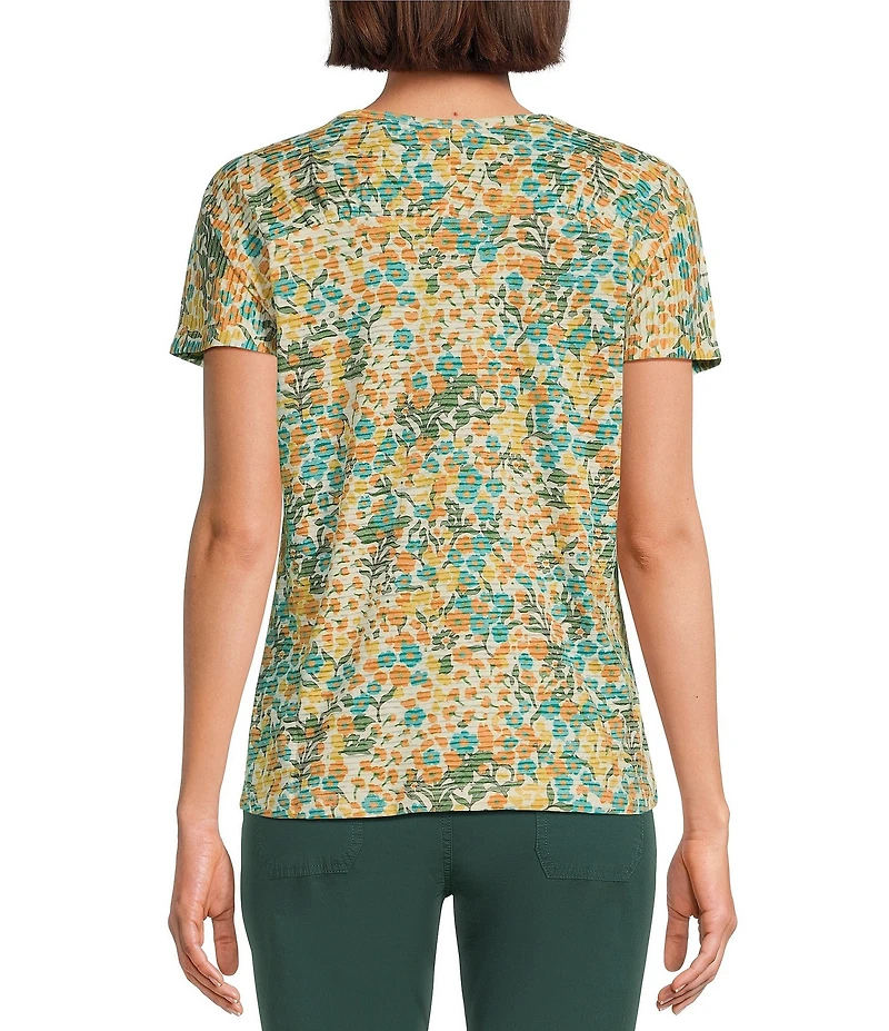 Aventura Charlie Organic Cotton Blend Floral Single Knit Jersey Scoop Neck Cap Sleeves Ruching Top