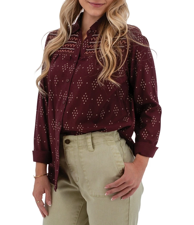 Aventura Cleo Printed Woven Point Collar Long Sleeve Button Front Shirt