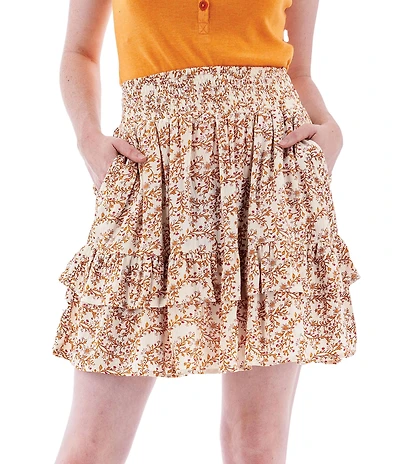 Aventura Francesca Floral Crepe Woven Wide Smocked Ruffle Pull-On Skirt