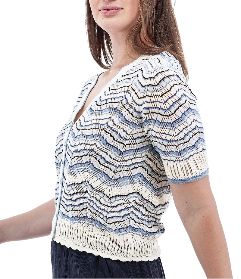 Aventura Julia Organic Cotton Blend Fine Gauge Zig-Zag Ribbed Knit V-Neck Crop Cardigan