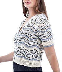 Aventura Julia Organic Cotton Blend Fine Gauge Zig-Zag Ribbed Knit V-Neck Crop Cardigan