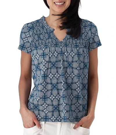 Aventura Cottage Smocked Knit Jersey Ruffled Split Neck Short Sleeve Top