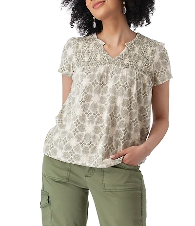 Aventura Cottage Smocked Knit Jersey Ruffled Split Neck Short Sleeve Top