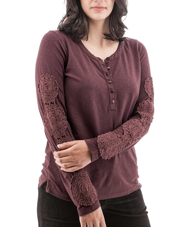 Aventura Crystal Henley Crochet Jersey Knit Scoop Neck Top